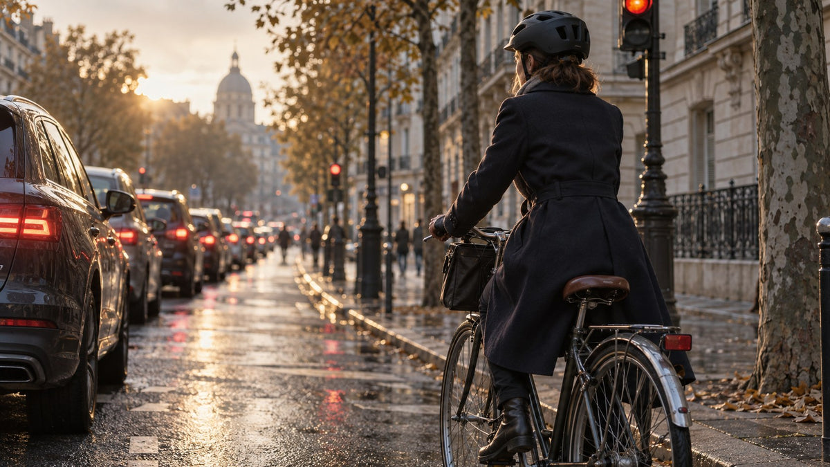 Cycliste urbaine en manteau et casque remontant une file de voitures à l'arrêt lors de son trajet domicile-travail à Paris