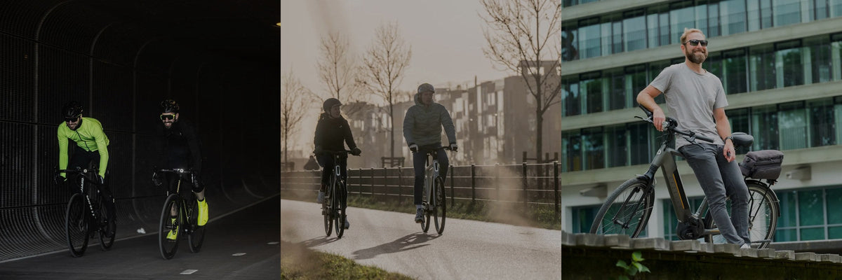 Cyclistes équipés BBB Cycling : éclairage de nuit, casque GridECO et sacoche CarrierPack en ville