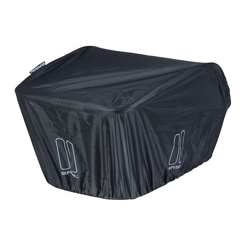 Housse de pluie pour panier vélo Basil – L, paniers Icon et Bold L – la housse de pluie Basil Keep Dry L grise en place sur un panier