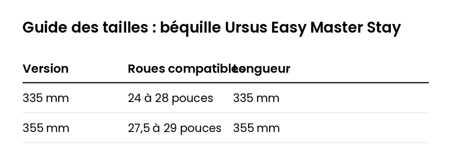Guide des tailles : béquille Ursus Easy Master Stay