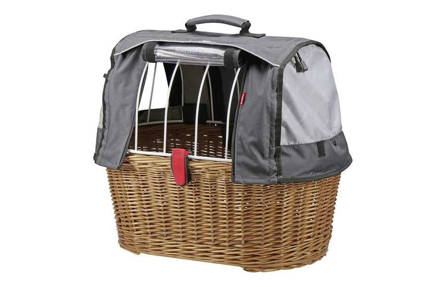 Capuche de protection pour panier chien vélo KlickFix Doggy - la capuche montee sur le panier Doggy en osier