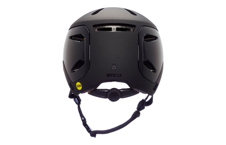Casque velo Bern Watts 2.0 MIPS noir mat vu de dos, molette de reglage et pastilles MIPS