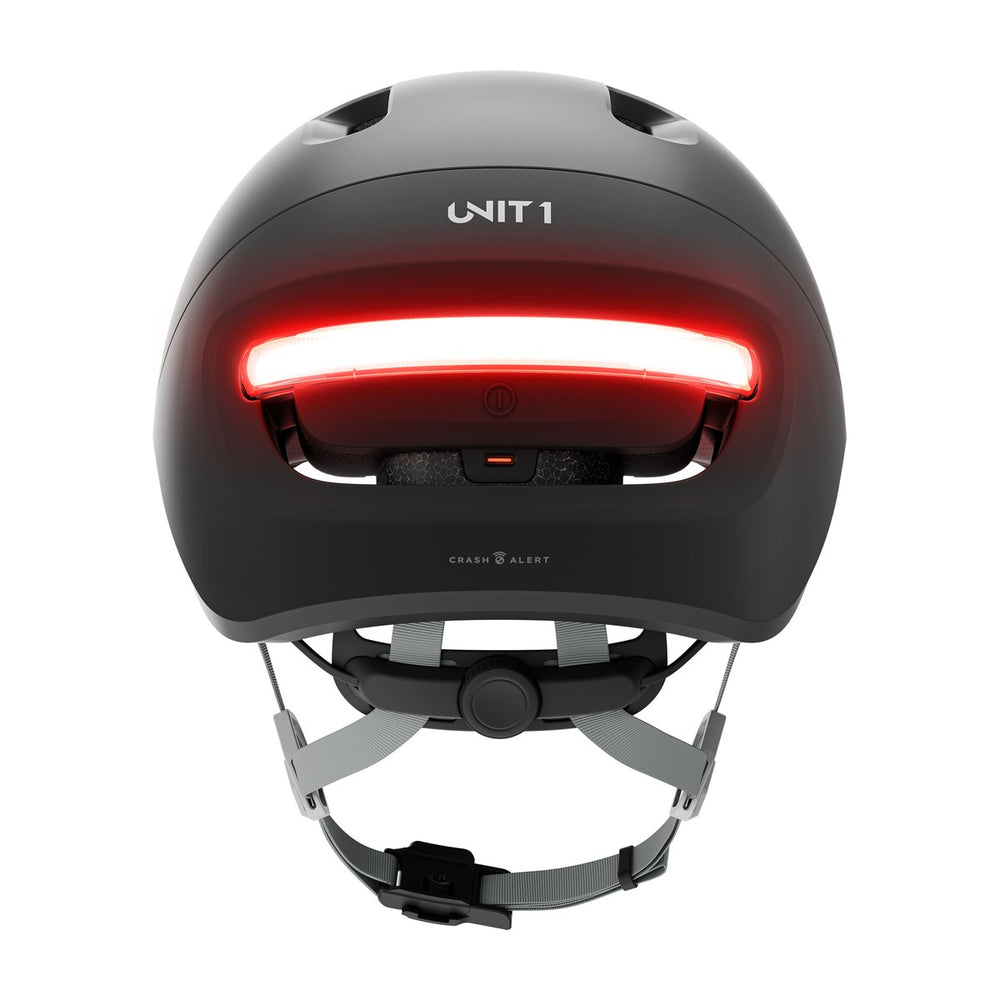 Casque connecté Unit 1 NEON Mips, coloris Charcoal Black, vue arrière, feu allumé