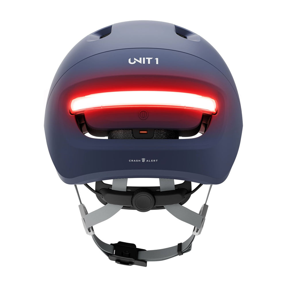 Casque connecté Unit 1 NEON Mips, coloris Steel Blue, vue arrière, feu allumé