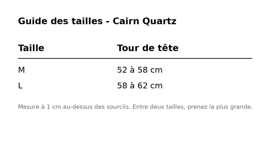 Casque vélo urbain Cairn Quartz guide des tailles