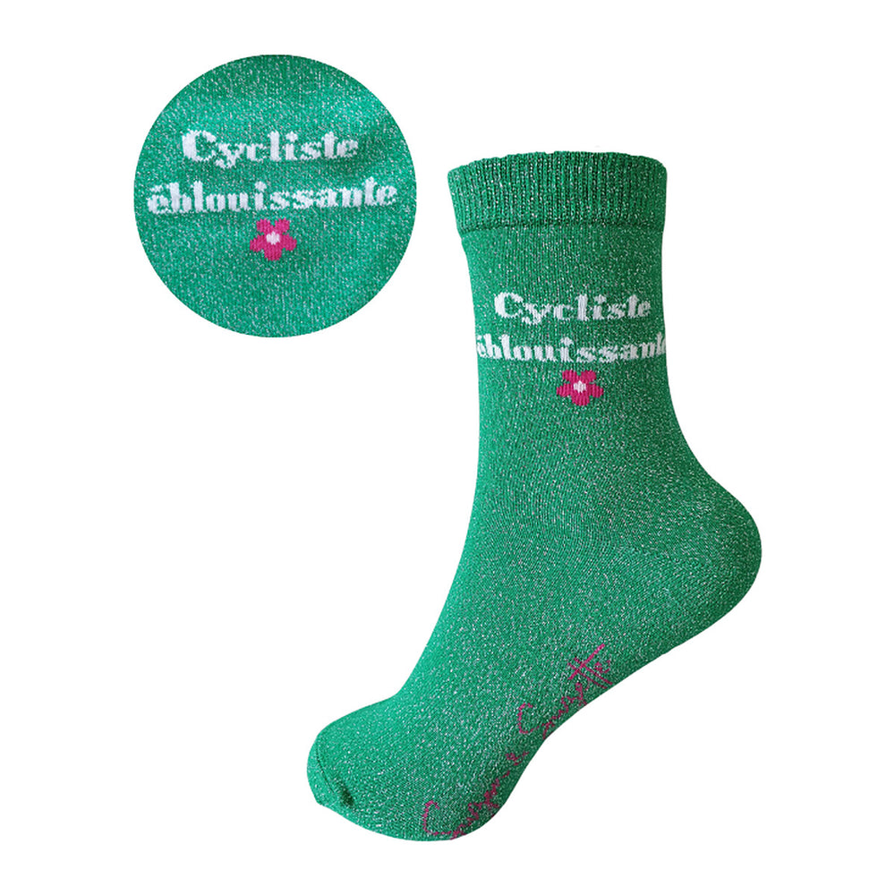 Chaussettes vélo Suzon & Suzette - Colette – Éblouissante · 36-41 – la chaussette et le détail de son motif