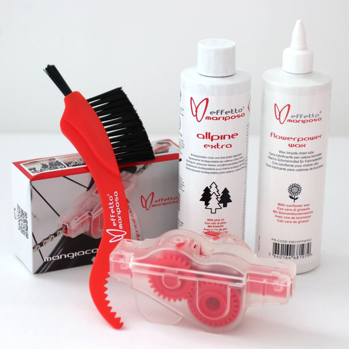 Kit d'entretien chaîne Effetto Mariposa : Mangiacatena, Allpine Extra, Flowerpower Wax