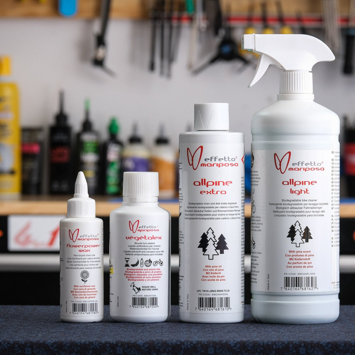 Gamme d'entretien vélo Effetto Mariposa : Flowerpower Wax, Allpine Extra et Allpine Light