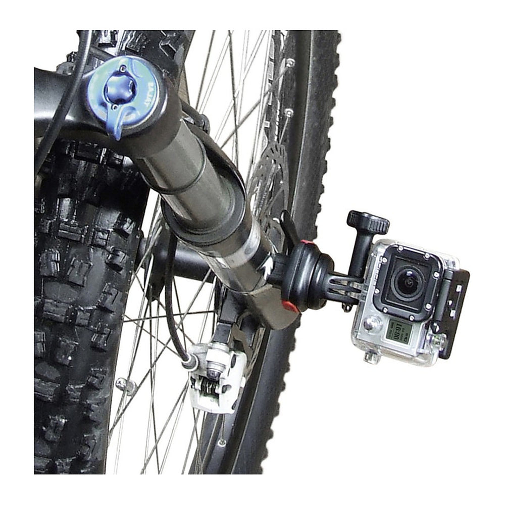 Fixation caméra GoPro pour vélo KlickFix CamOn – Set CamOn : adaptateur + 2 MiniBlocs + plaque GP – la camera en position basse sur le cadre