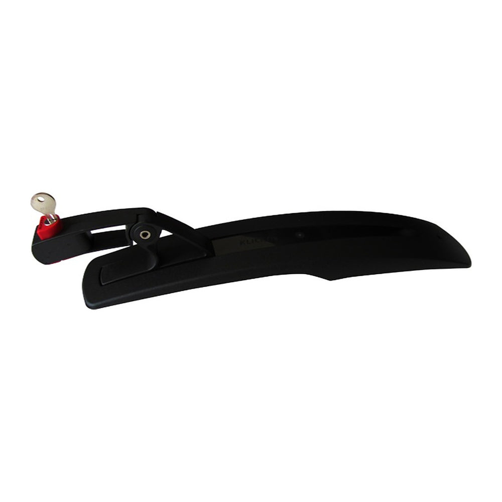 Garde-boue arrière vélo KlickFix CatchUp – CatchUp avec serrure – le garde-boue CatchUp noir et sa serrure a cle sur fond blanc