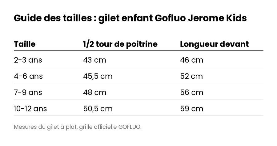 Guide des tailles : gilet enfant Gofluo Jerome Kids