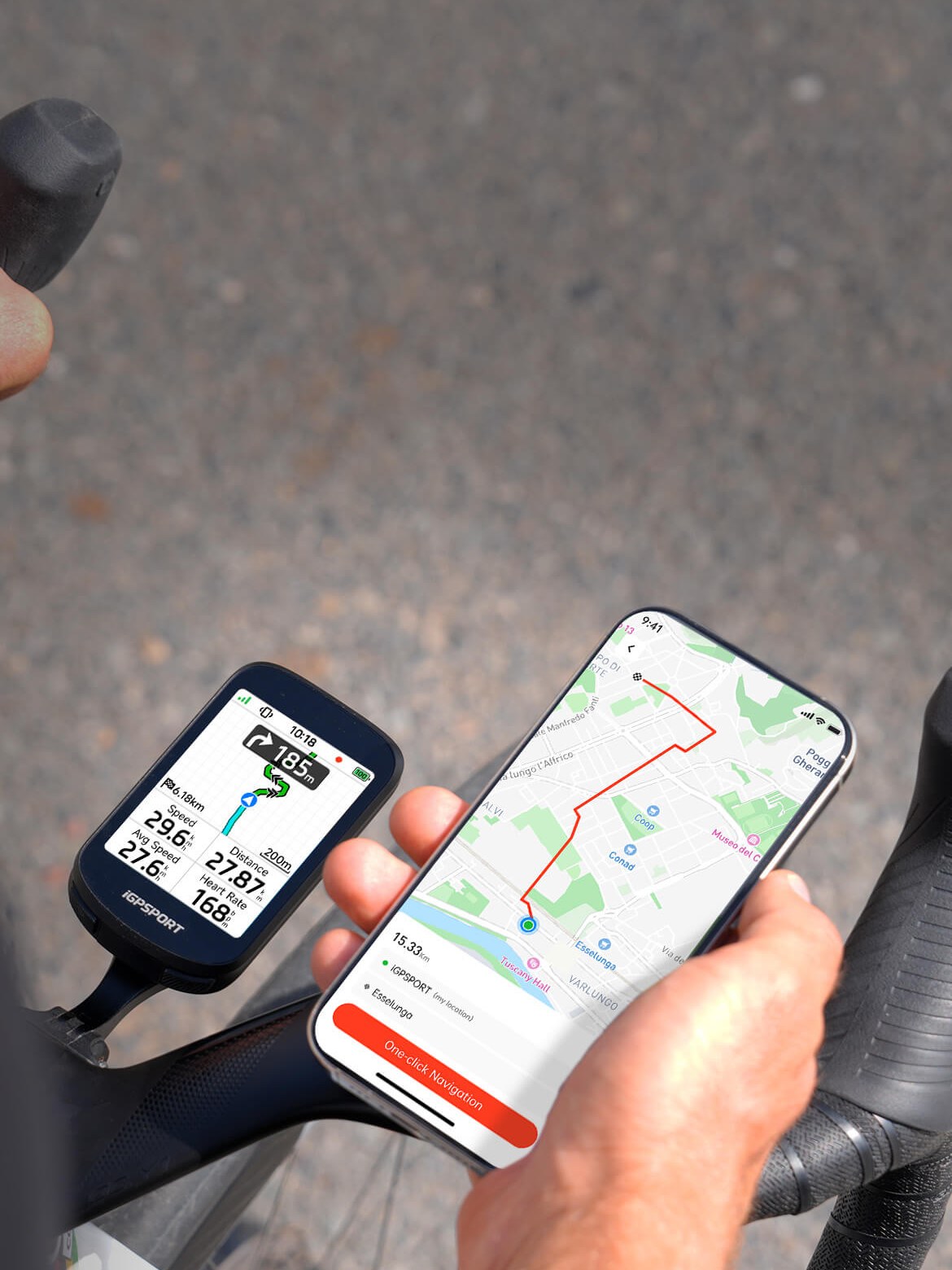 Compteur GPS iGPSPORT sur le cintre et itinéraire sur l'application iGPSPORT