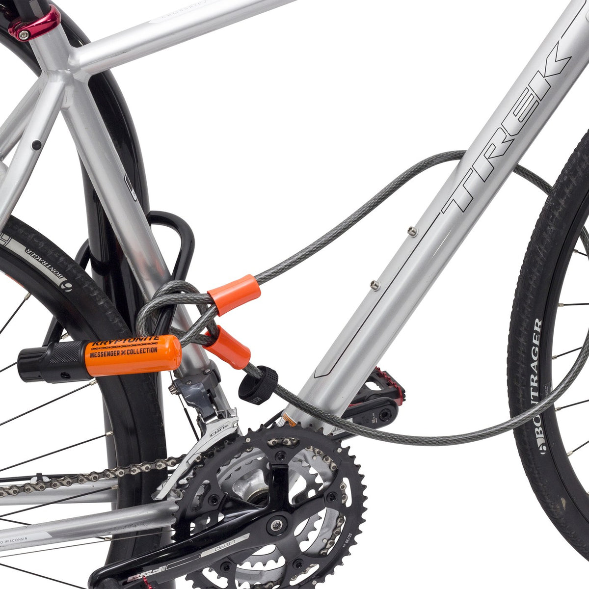 Antivol U Kryptonite et câble Kryptoflex sur un vélo de ville