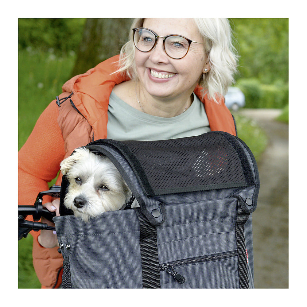 Ombrelle pour panier chien vélo KlickFix Shopper Doggy - une balade a velo avec le chien sous l ombrelle