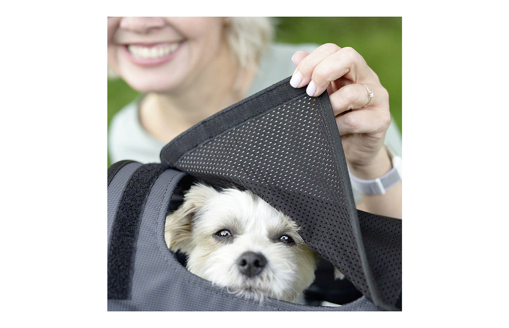 Ombrelle pour panier chien vélo KlickFix Shopper Doggy - le filet souleve pour laisser sortir la tete du chien