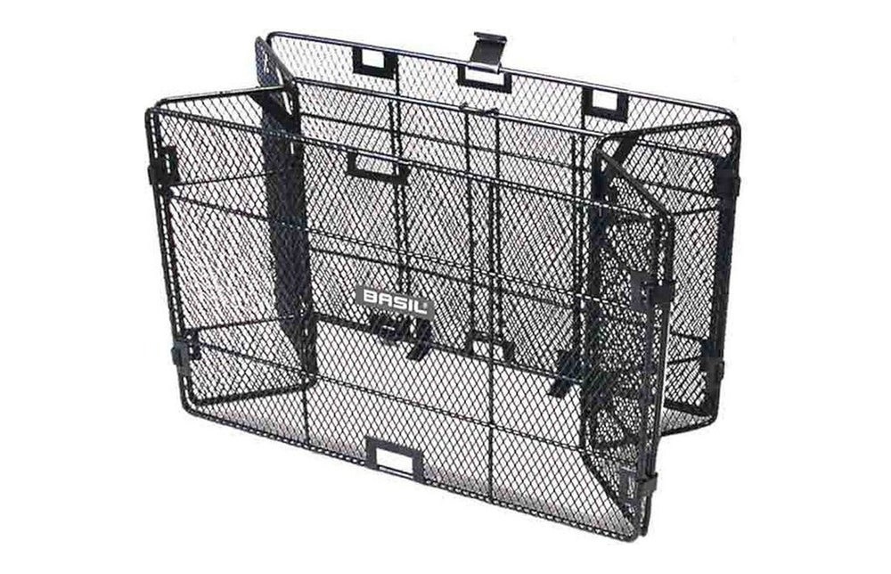 Panier arrière pliable vélo Basil Catania en acier - le panier noir deplie sur fond blanc