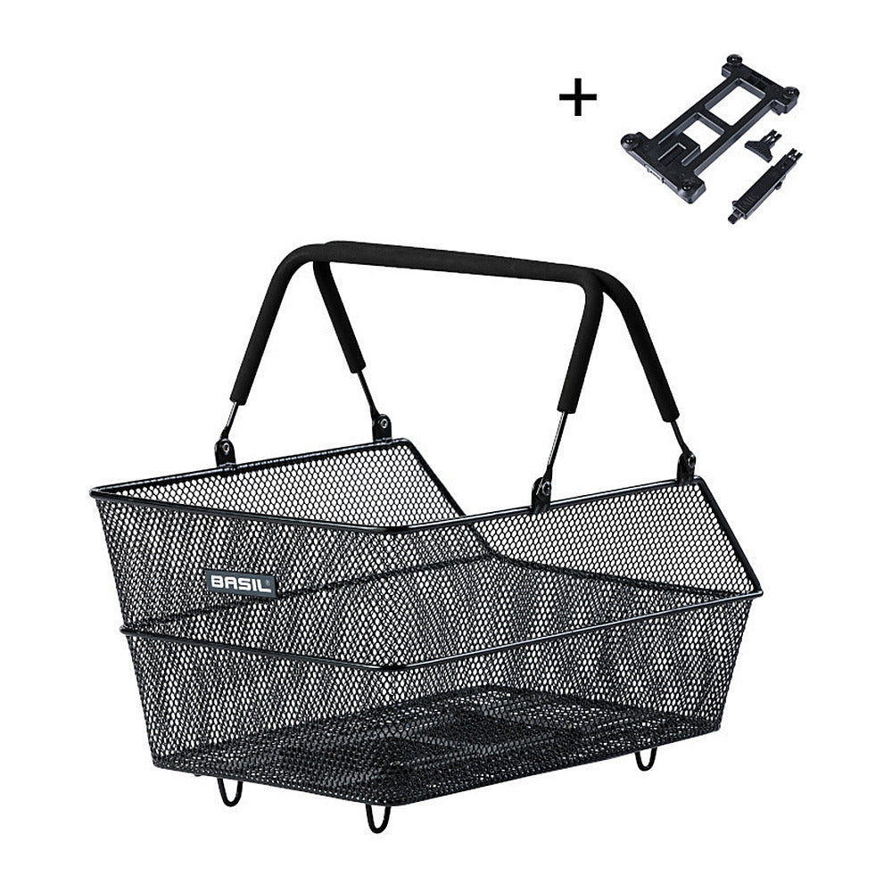 Panier arrière vélo Basil Cento MIK 21 L coloris Noir – vue trois quarts avec la plaque MIK