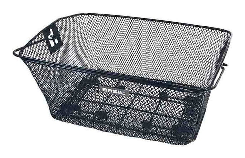 Panier arrière vélo Basil Como en acier - le panier noir a grain fin sur fond blanc