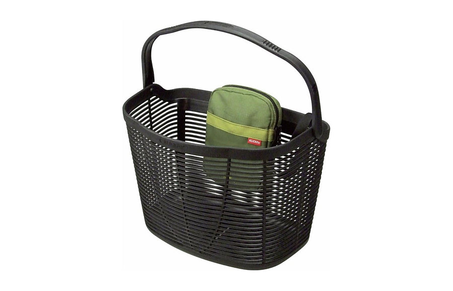 Pochette Babs KlickFix clipsee sur un panier velo en metal