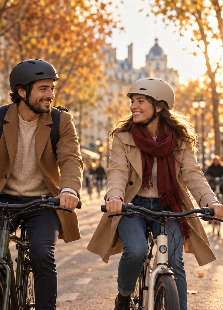 Couple à vélo en ville en automne, promos d'automne Max And The City