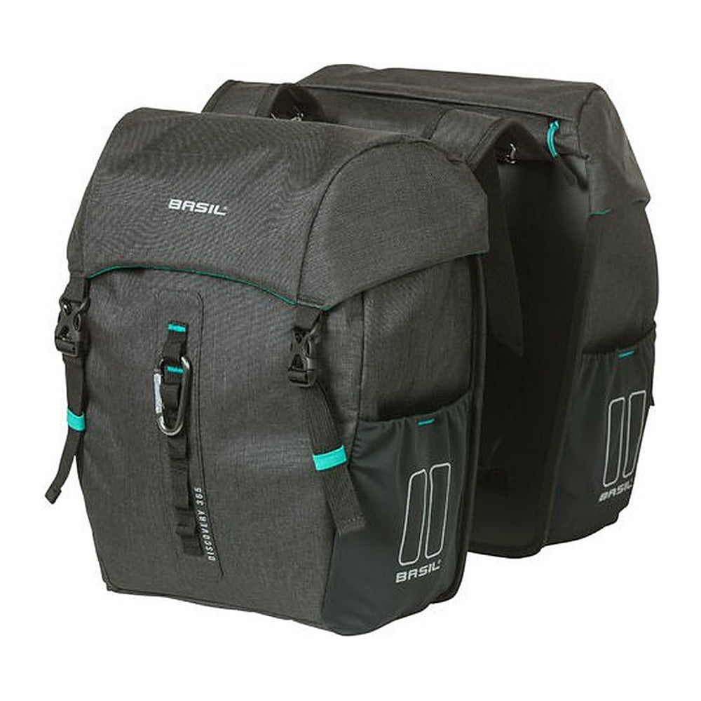 Sacoche double vélo Basil Discovery 365D M 18 L coloris Noir Mêlée – les deux sacoches vues de trois quarts