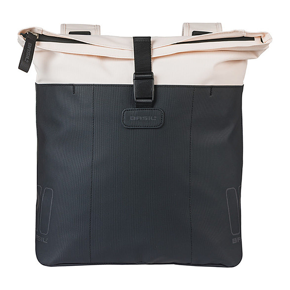 Sacoche double vélo Basil Vive Universal Bridge 35 L coloris Blanc cassé / Noir – une sacoche vue de face
