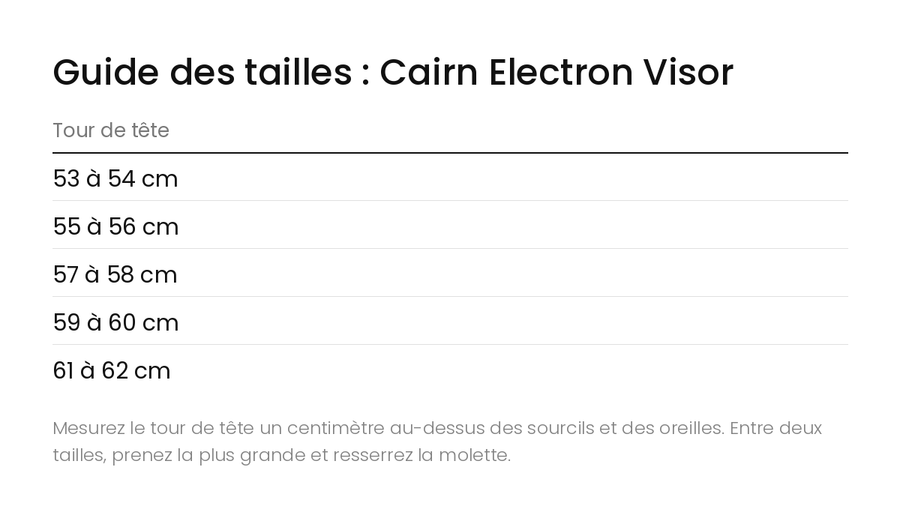 Guide des tailles Casque Ski Cairn Electron Visor