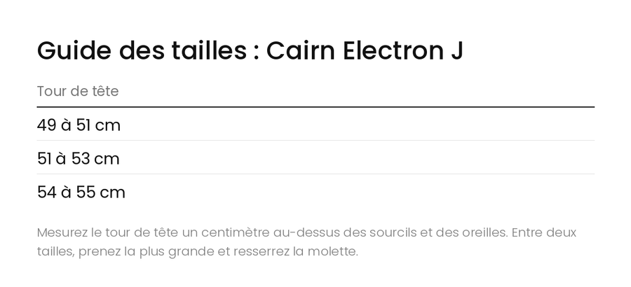 Guide des tailles Casque Ski Enfant Cairn Electron J