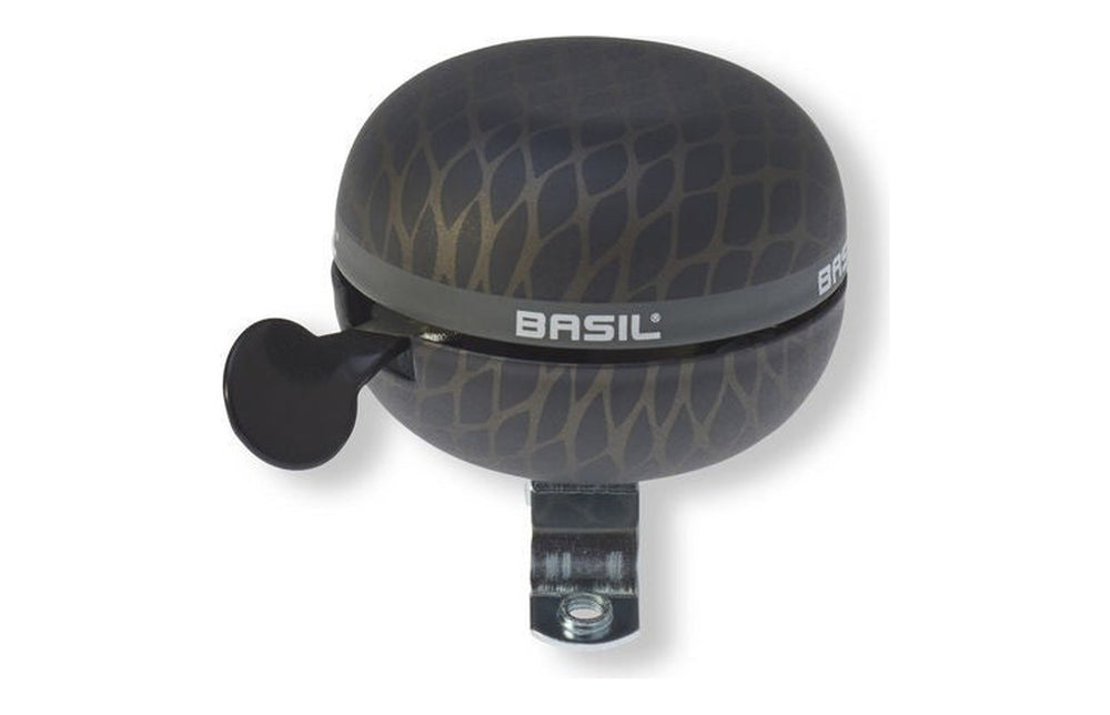 Sonnette vélo Basil Bell – noir métallisé – le dôme 60 mm sur fond blanc