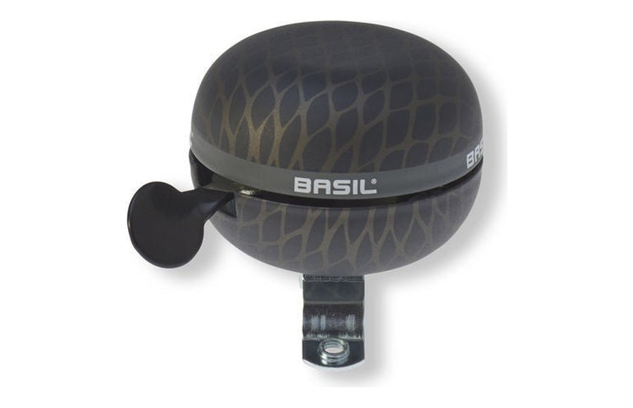 Sonnette vélo Basil Bell – noir métallisé – le dôme 60 mm sur fond blanc