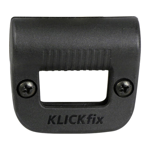 Support d'éclairage pour panier vélo KlickFix – Noir – le clip vu de face avec le logo KLICKfix