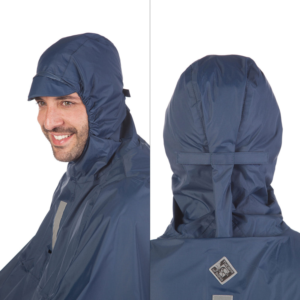 Capuche ergonomique de la cape Garibaldina 2G bleu foncé, de face et de dos