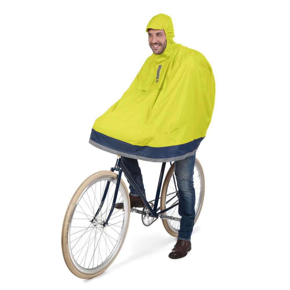 Cape de pluie vélo Tucano Urbano Garibaldina Plus 2G jaune fluo vue de trois quarts arrière sur le vélo
