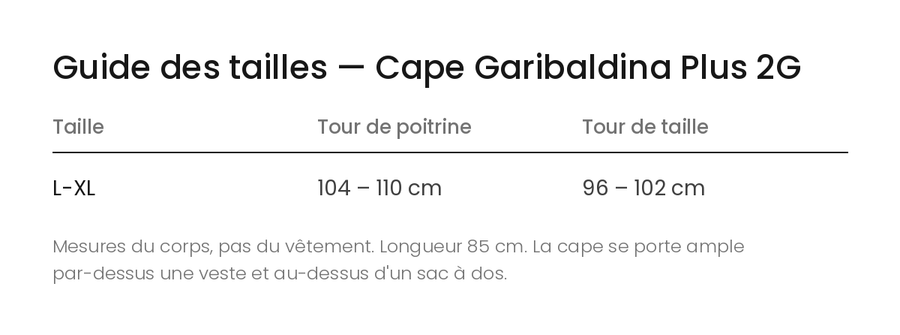 Guide des tailles — Cape Garibaldina Plus 2G