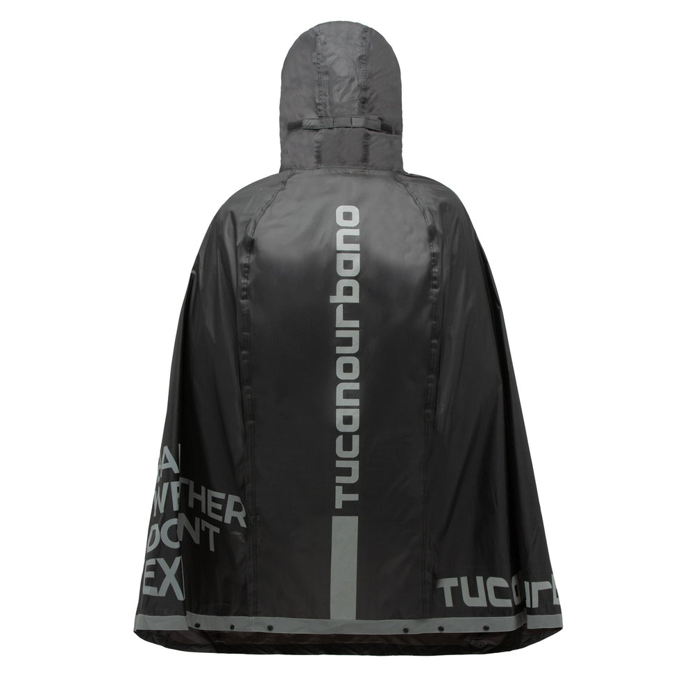 Cape de pluie vélo Tucano Urbano Garibaldina Zeta noire, vue de dos avec logo réfléchissant