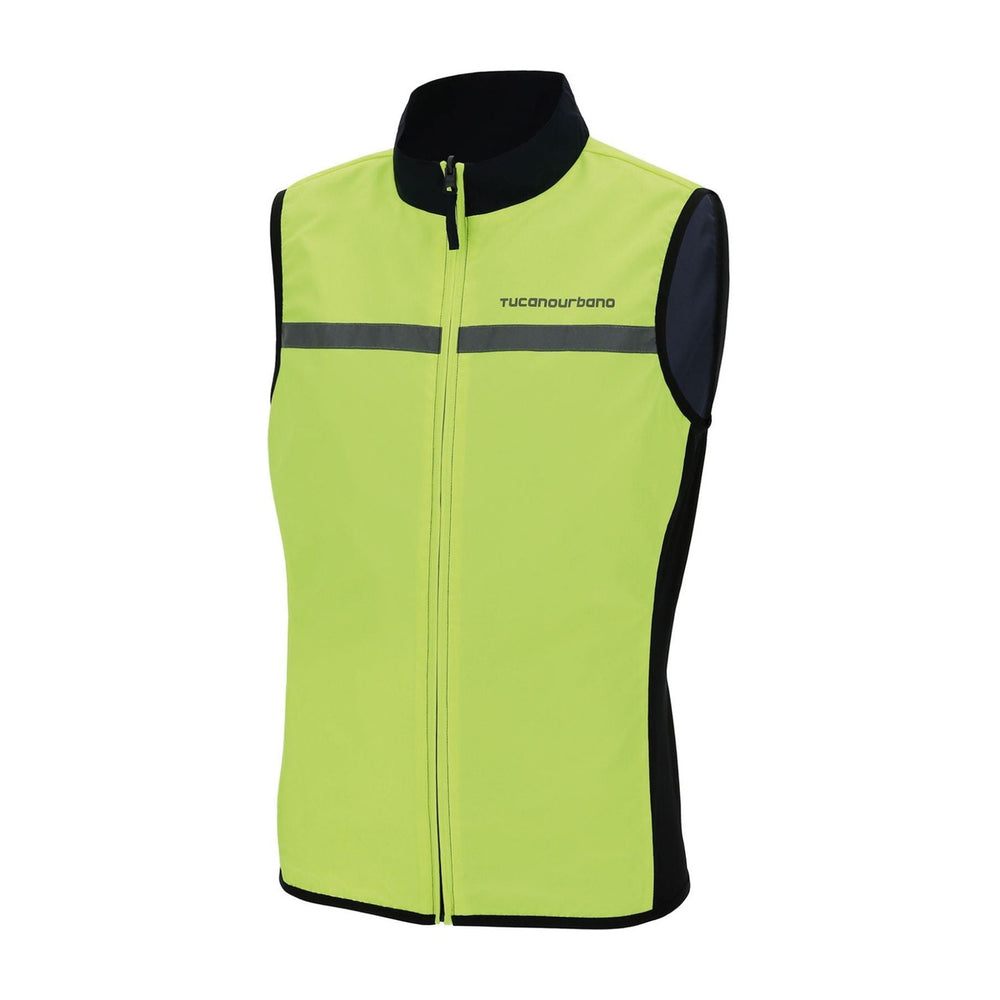 Gilet coupe-vent réversible vélo Tucano Urbano Nano Switch côté jaune fluo, vue de face sur fond blanc